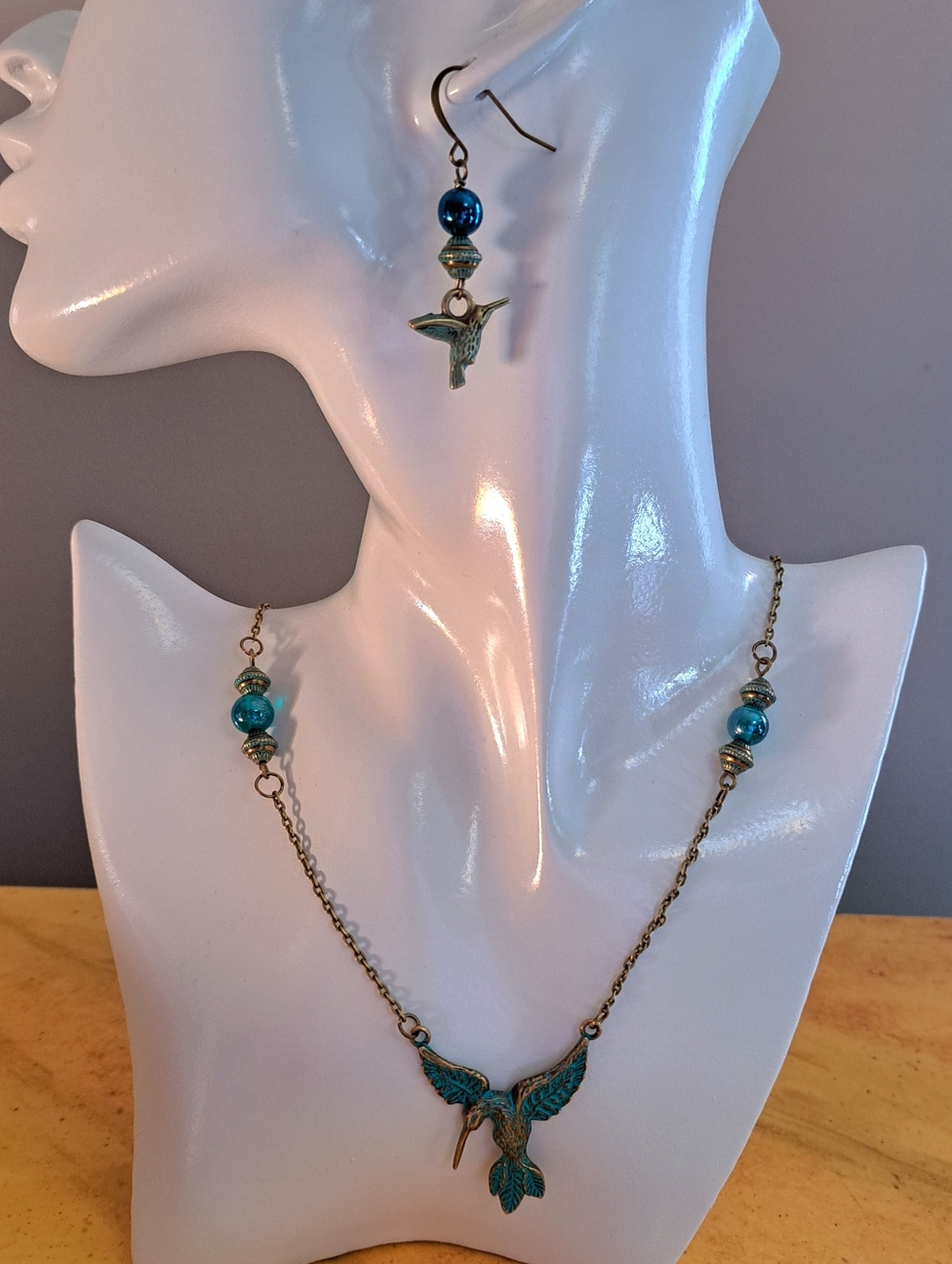 Turquoise Crystal & Patina Hummingbird Pendant Necklace, Matching Earrings
